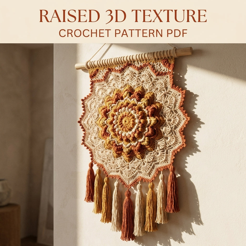 Popcorn Mandala Tassel Wall Hanging Crochet Pattern PDF – Boho Wall Decor