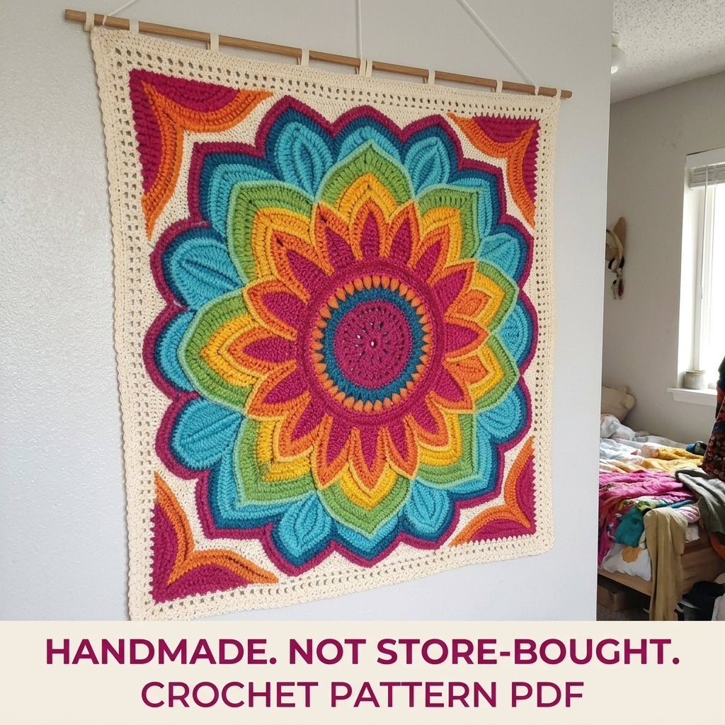 Rainbow Bloom Wall Hanging Crochet Pattern PDF – 3D Flower Mandala Wall Decor