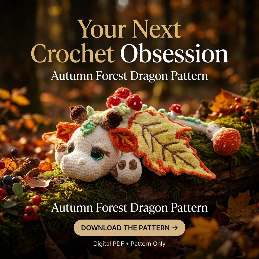 Autumn Leaf Dragon Crochet Pattern | Amigurumi Dragon with Leaf Wings & Mushrooms | Velvet Yarn Plush | PDF Instant Download