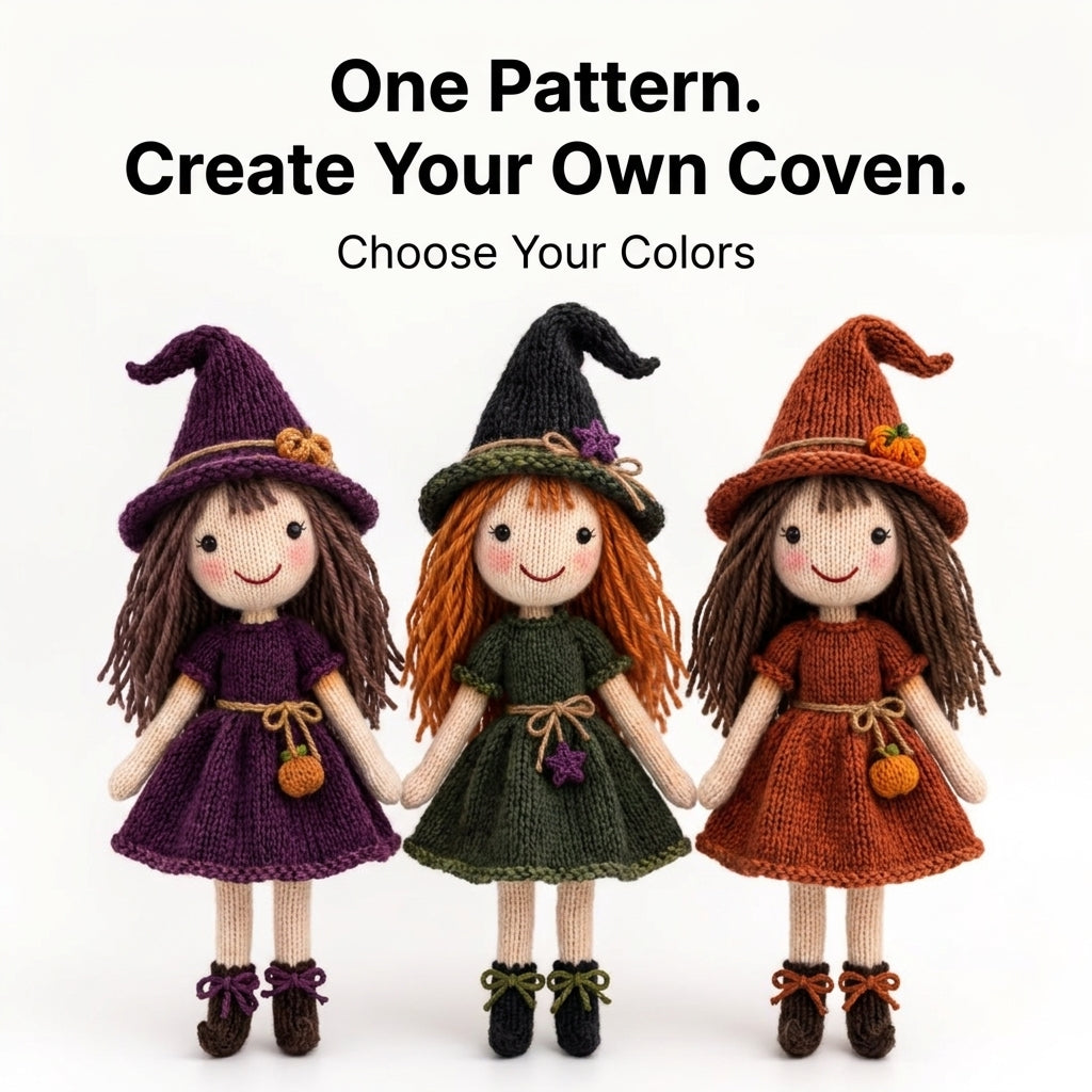 Knitted Witch Doll Pattern | Two Cottage Witches with Hats, Dresses & Curled Boots | KNITTING Pattern PDF | Instant Download