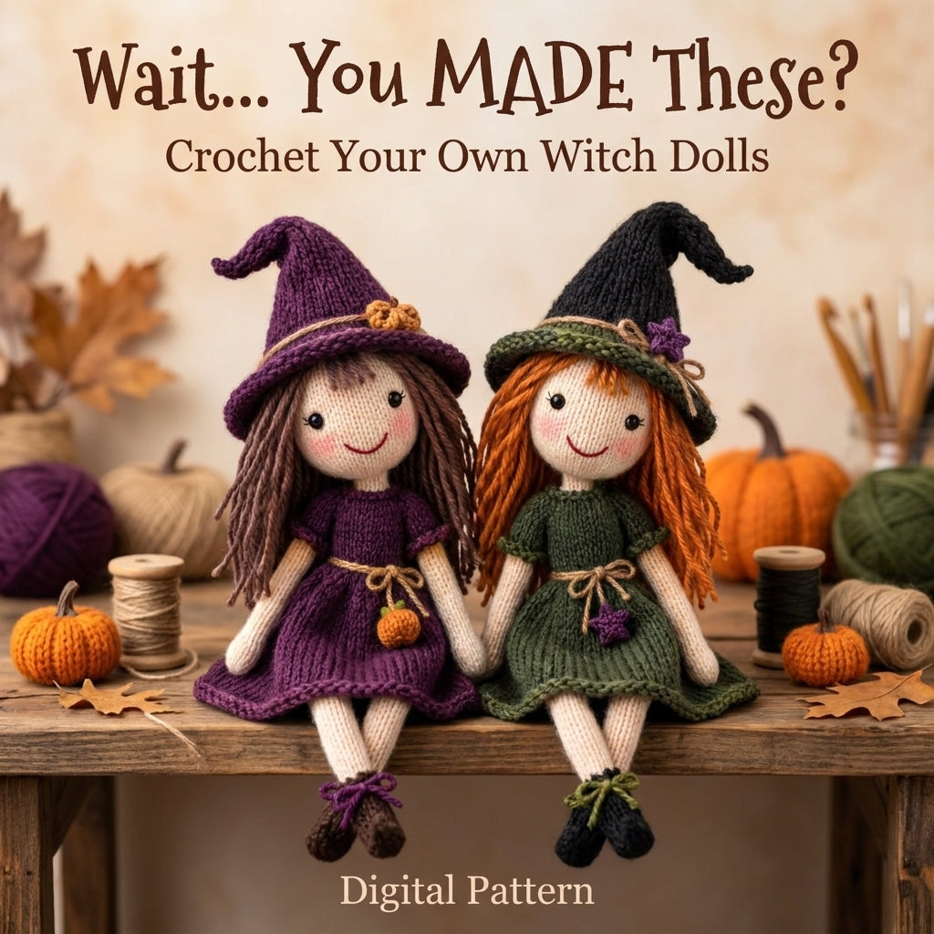Knitted Witch Doll Pattern | Two Cottage Witches with Hats, Dresses & Curled Boots | KNITTING Pattern PDF | Instant Download