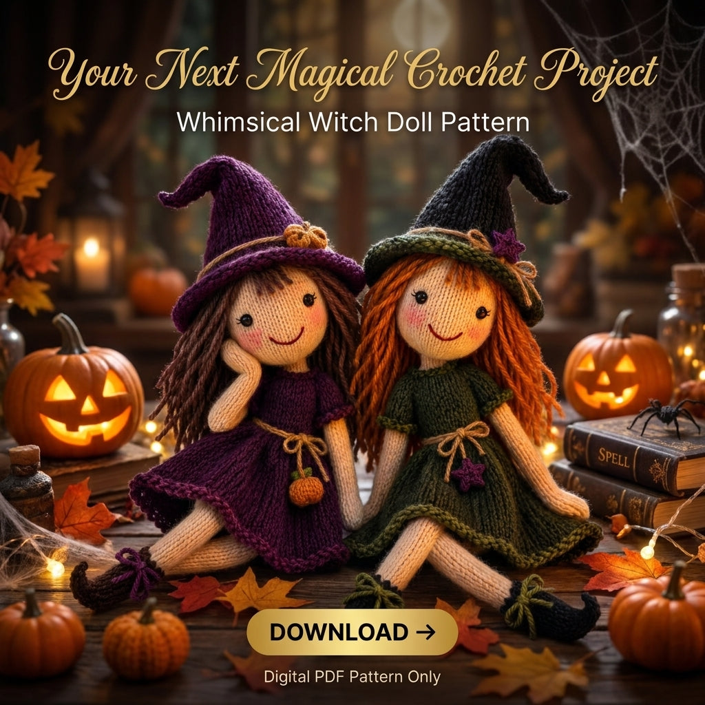Knitted Witch Doll Pattern | Two Cottage Witches with Hats, Dresses & Curled Boots | KNITTING Pattern PDF | Instant Download