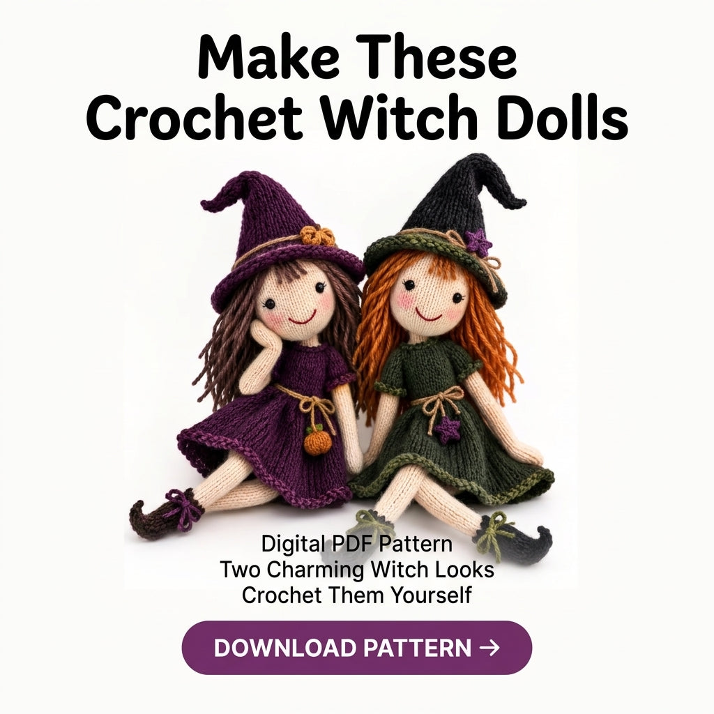 Knitted Witch Doll Pattern | Two Cottage Witches with Hats, Dresses & Curled Boots | KNITTING Pattern PDF | Instant Download