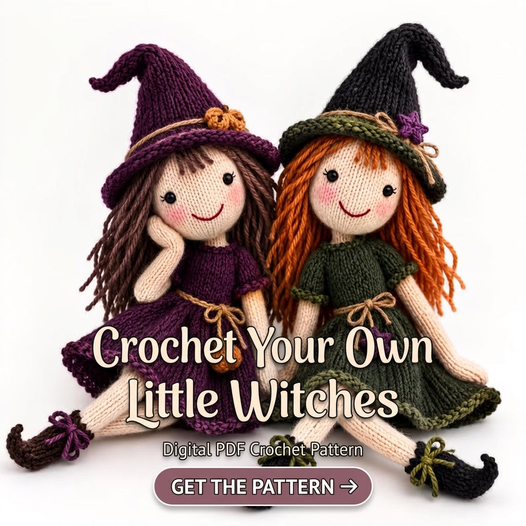 Knitted Witch Doll Pattern | Two Cottage Witches with Hats, Dresses & Curled Boots | KNITTING Pattern PDF | Instant Download