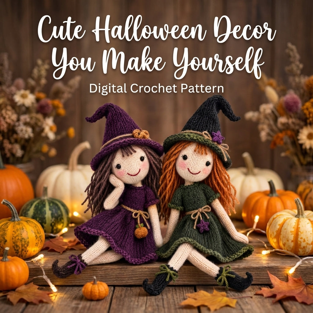 Knitted Witch Doll Pattern | Two Cottage Witches with Hats, Dresses & Curled Boots | KNITTING Pattern PDF | Instant Download