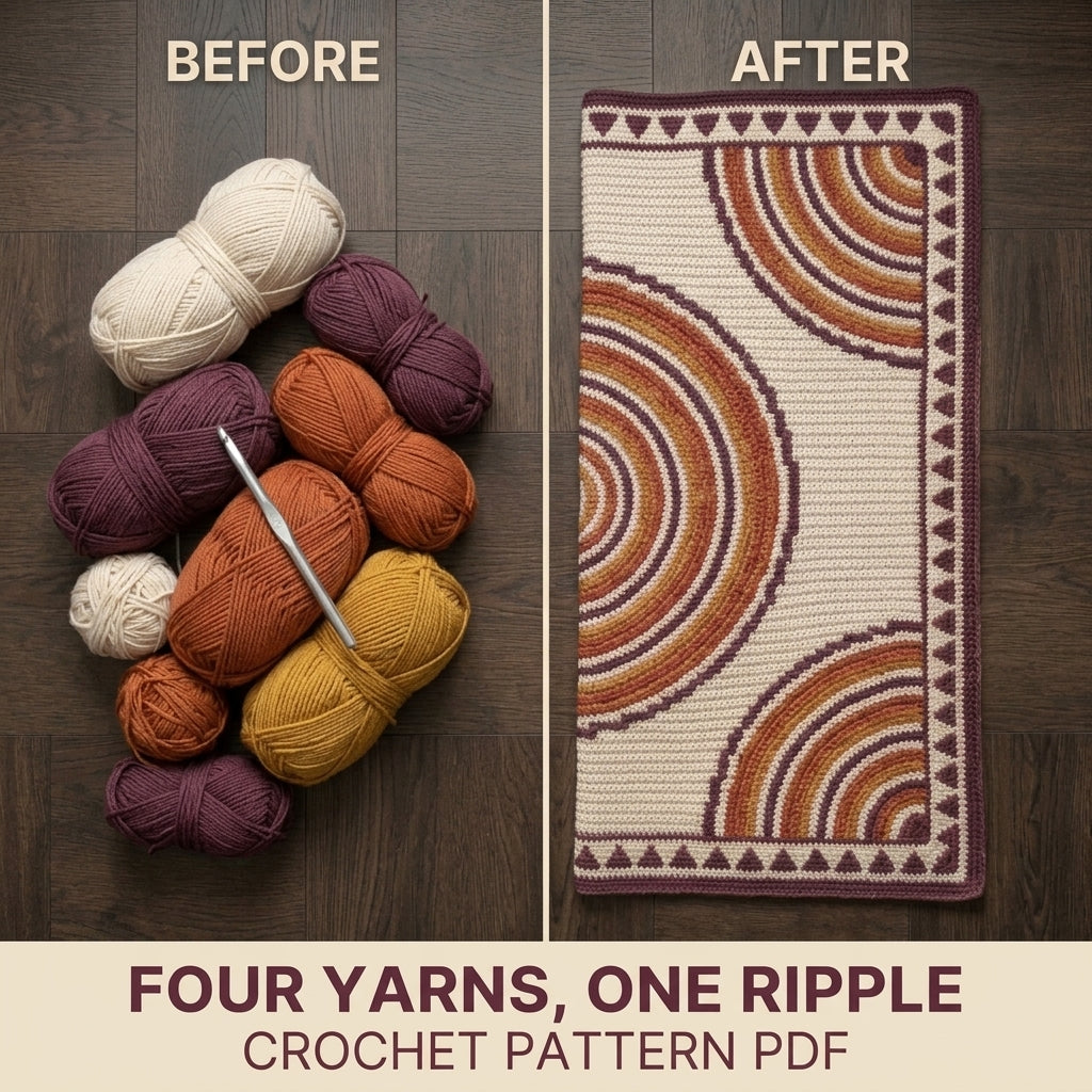 Ripple Rings Tapestry Crochet Blanket Pattern PDF – Concentric Circle Throw in Plum, Orange and Mustard