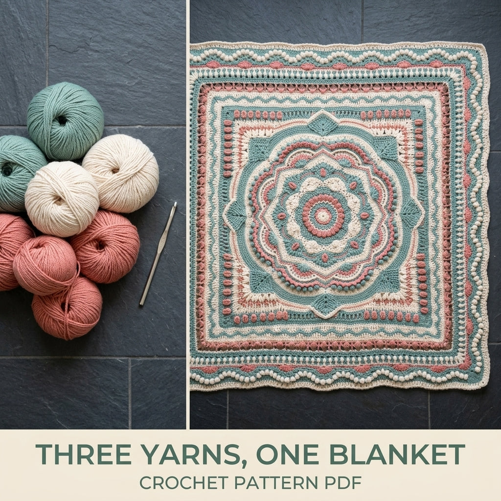 Sage Bloom Textured Crochet Blanket Pattern PDF – Sage, Cream and Coral Bobble Mandala Throw