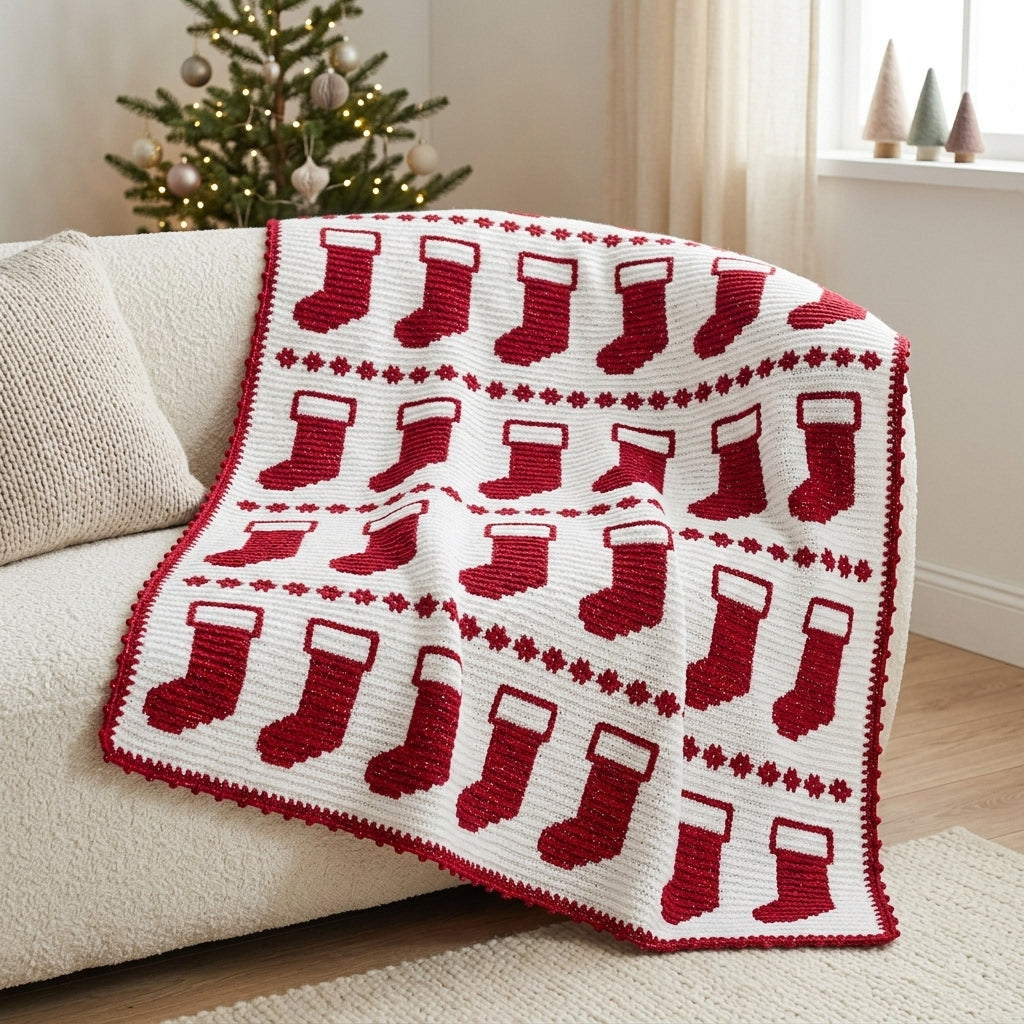 Stocking Crochet Blanket Pattern PDF – Christmas Tapestry Crochet Throw in Red and White