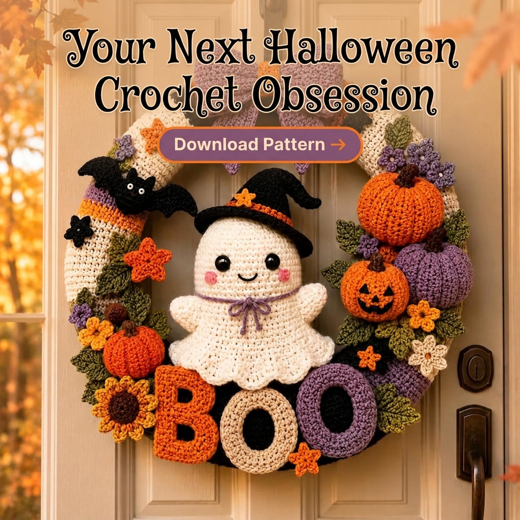 Halloween Wreath Crochet Pattern — Ghost and Pumpkin Door Wreath with BOO Letters, US Terms, PDF Download