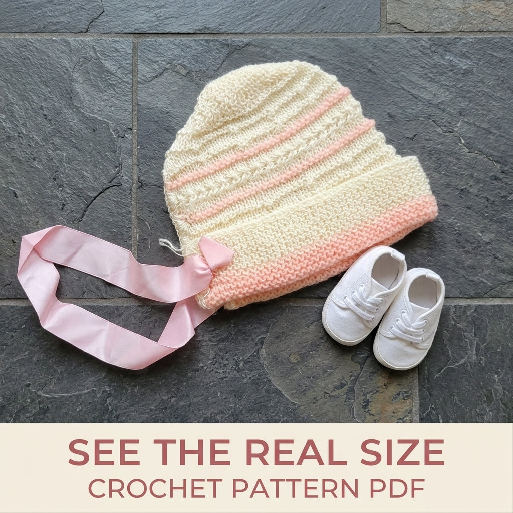 Vintage Striped Baby Bonnet Crochet Pattern PDF – Newborn Hat with Ribbon