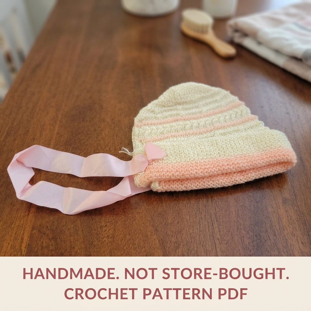 Vintage Striped Baby Bonnet Crochet Pattern PDF – Newborn Hat with Ribbon