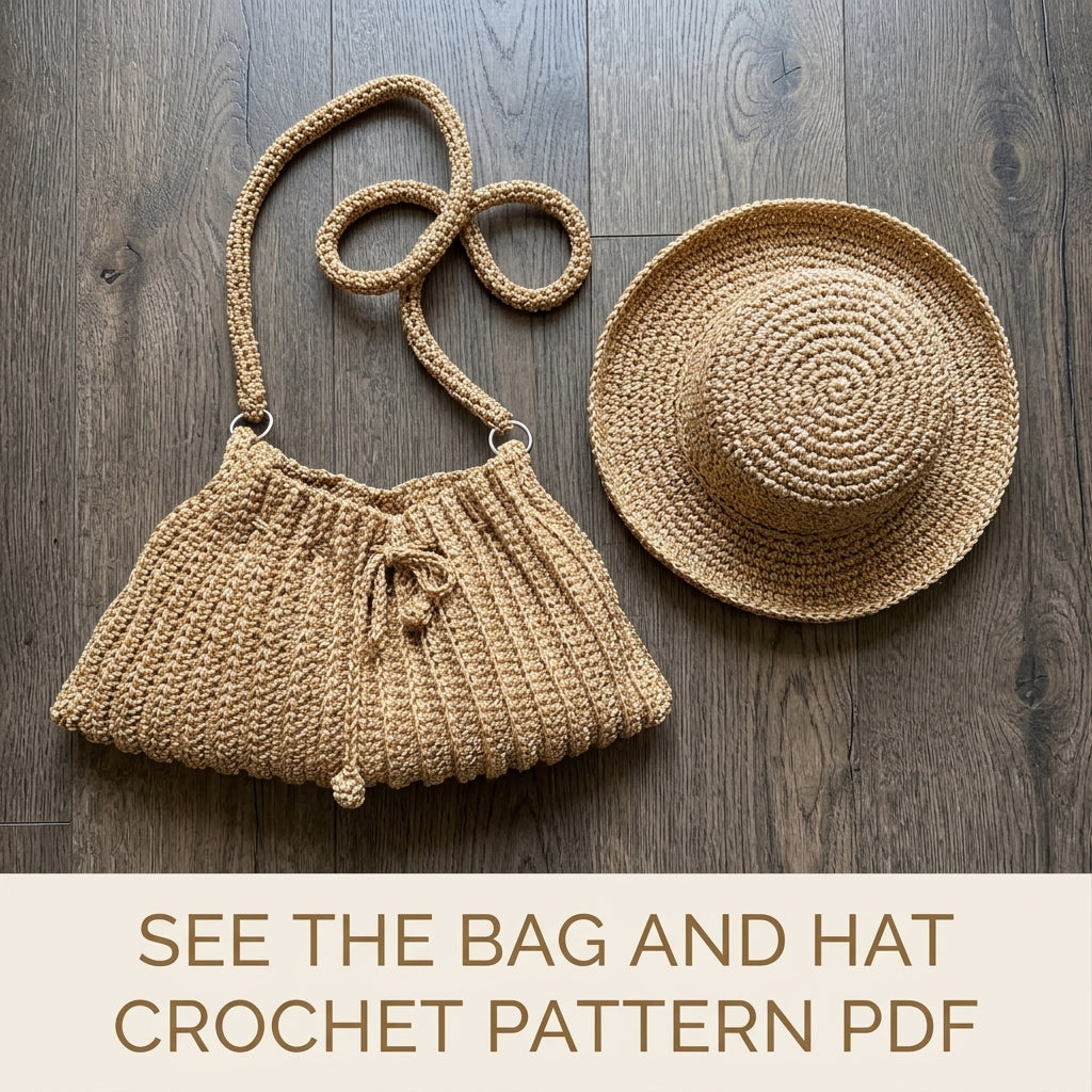 Golden Ribbed Drawstring Bag and Sun Hat Crochet Pattern PDF – Matching Summer Set