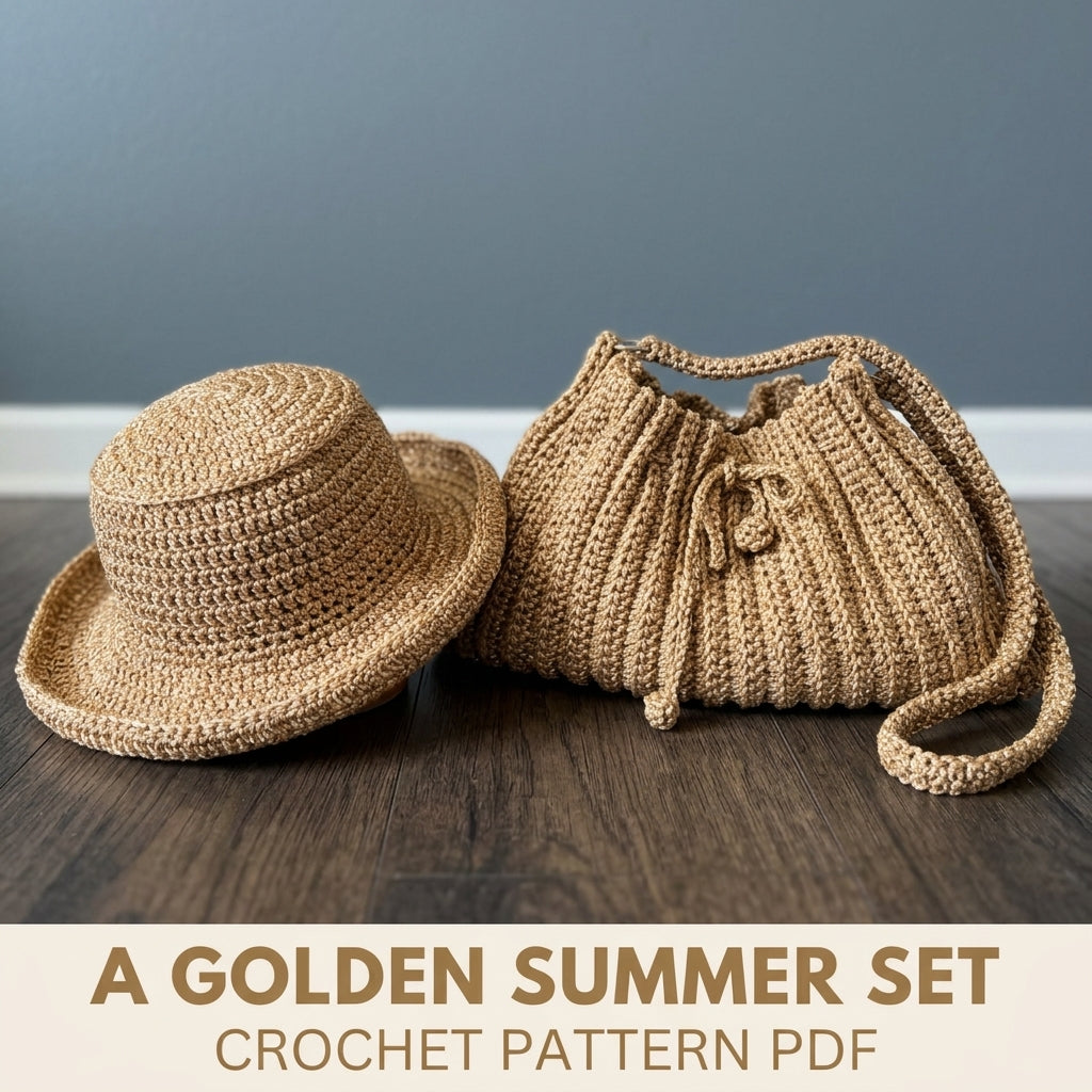 Golden Ribbed Drawstring Bag and Sun Hat Crochet Pattern PDF – Matching Summer Set