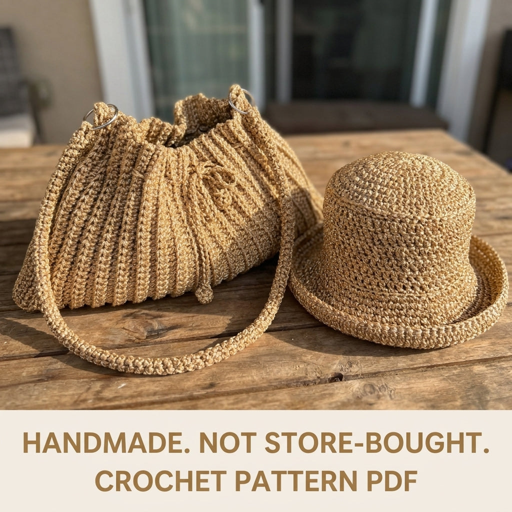 Golden Ribbed Drawstring Bag and Sun Hat Crochet Pattern PDF – Matching Summer Set