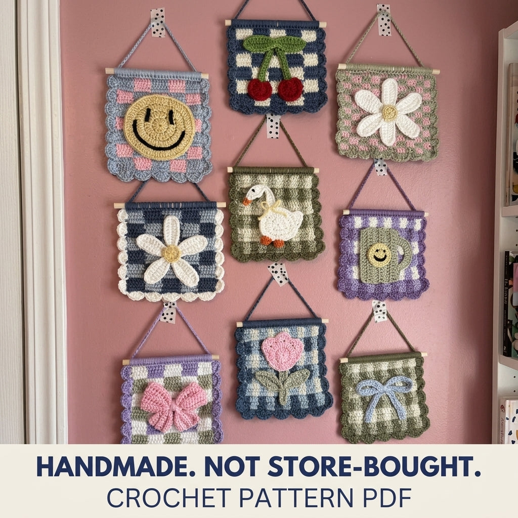 Gingham Mini Wall Banner Set Crochet Pattern PDF – Cute Wall Decor