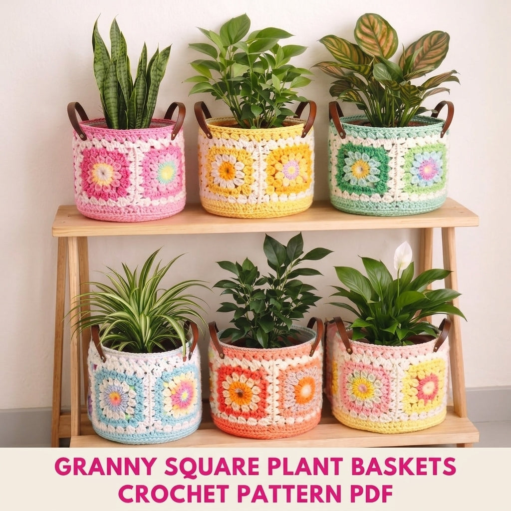 Granny Square Plant Basket Crochet Pattern PDF – Pot Cover with Handles