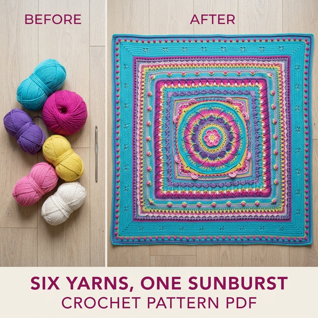 Turquoise Sunburst Mandala Blanket Crochet Pattern PDF – Bright Textured Square Throw