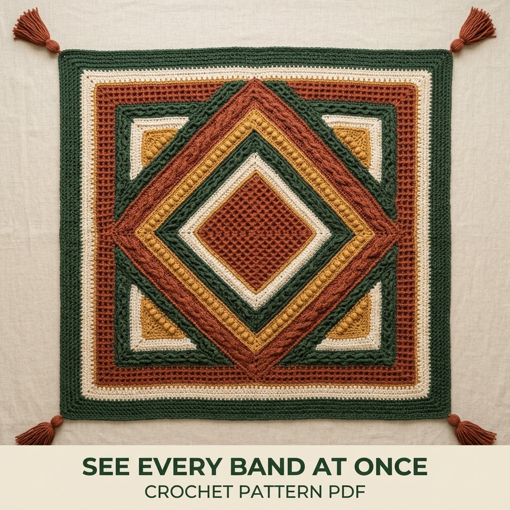 Harvest Texture Diamond Blanket Crochet Pattern PDF – Waffle, Cable and Bobble Throw with Tassels