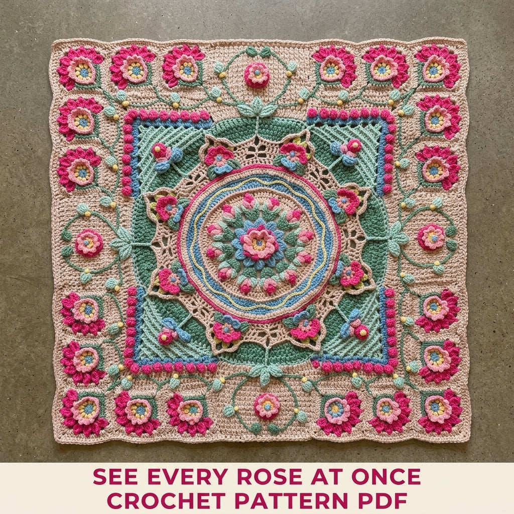 Rose Garden Overlay Blanket Crochet Pattern PDF – Raised Roses Mandala Throw