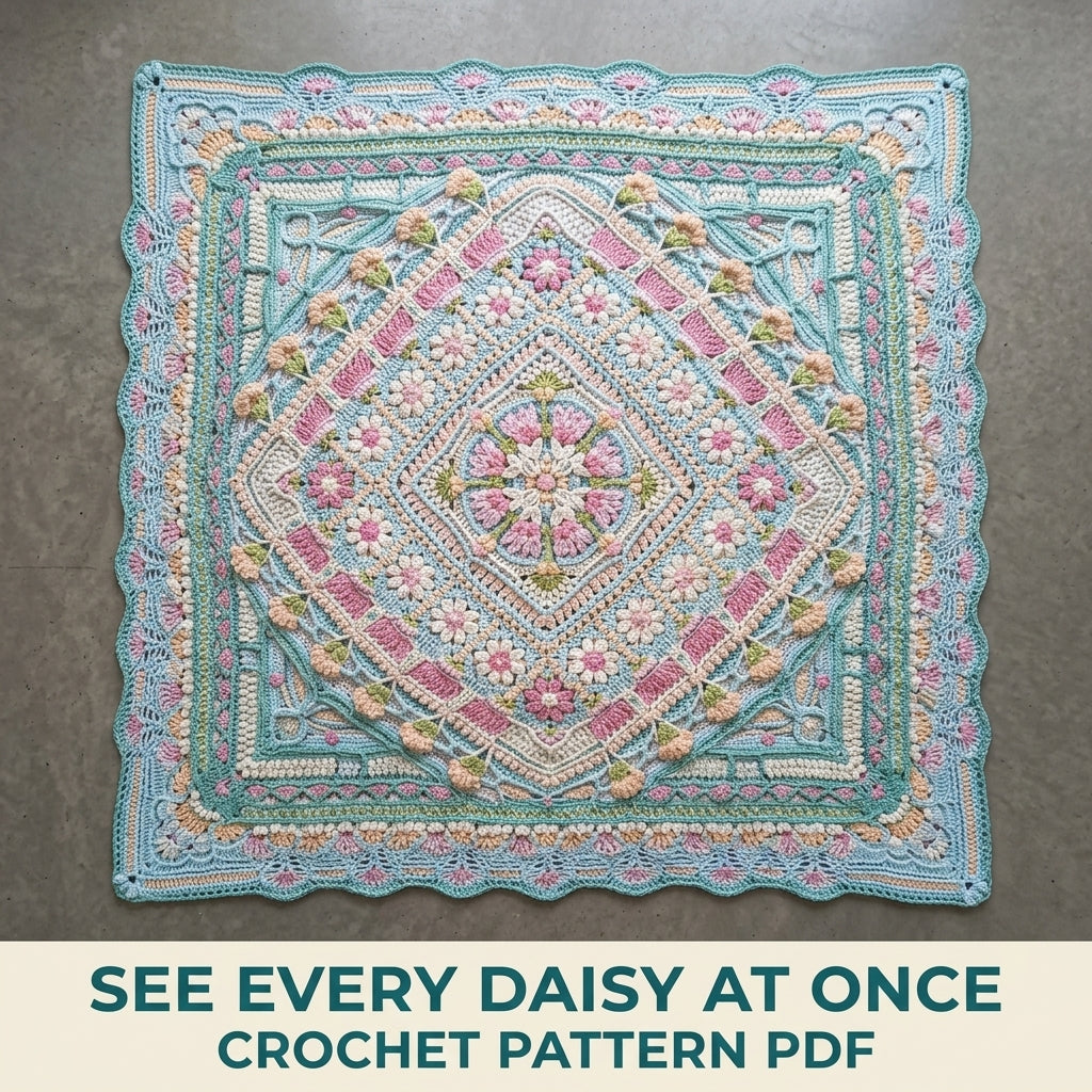 Aqua Garden Crochet Blanket Pattern PDF – Flower Medallion Square Throw with Daisies