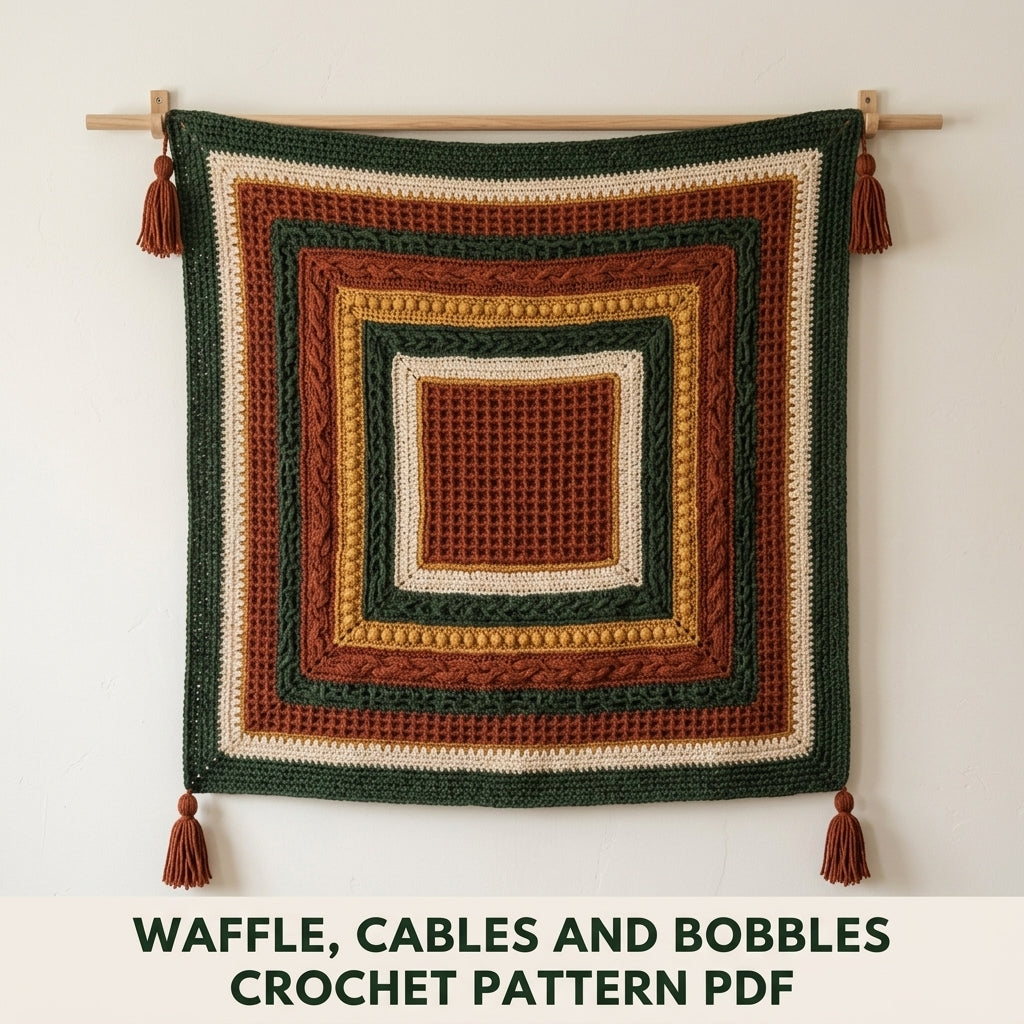 Harvest Texture Diamond Blanket Crochet Pattern PDF – Waffle, Cable and Bobble Throw with Tassels