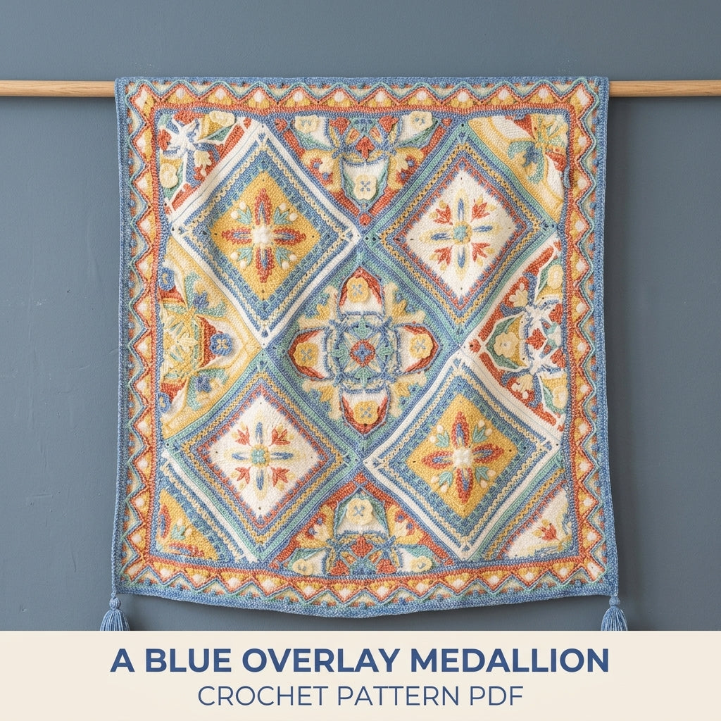 Blue Medallion Overlay Blanket Crochet Pattern PDF – Blue Medallion with Zigzag Border