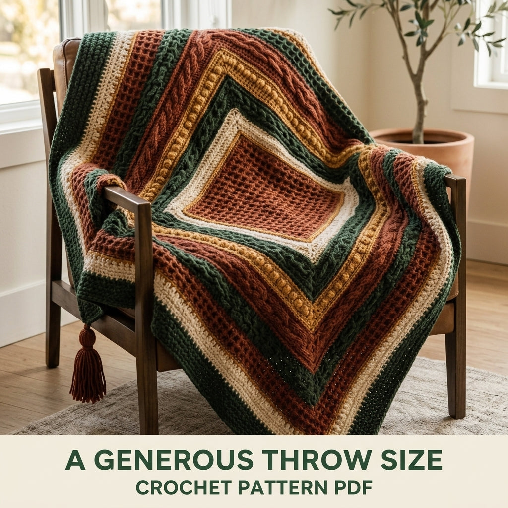 Harvest Texture Diamond Blanket Crochet Pattern PDF – Waffle, Cable and Bobble Throw with Tassels