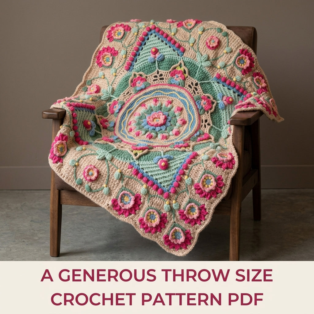 Rose Garden Overlay Blanket Crochet Pattern PDF – Raised Roses Mandala Throw