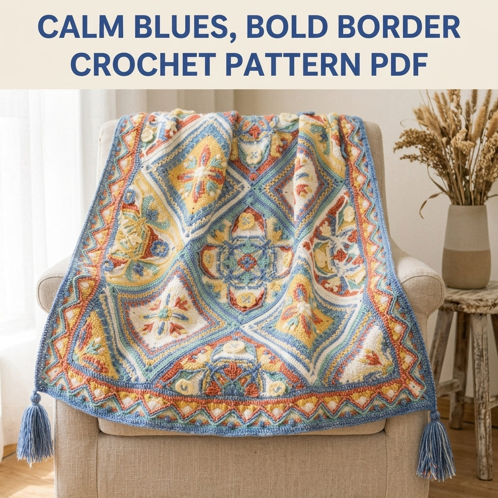 Blue Medallion Overlay Blanket Crochet Pattern PDF – Blue Medallion with Zigzag Border