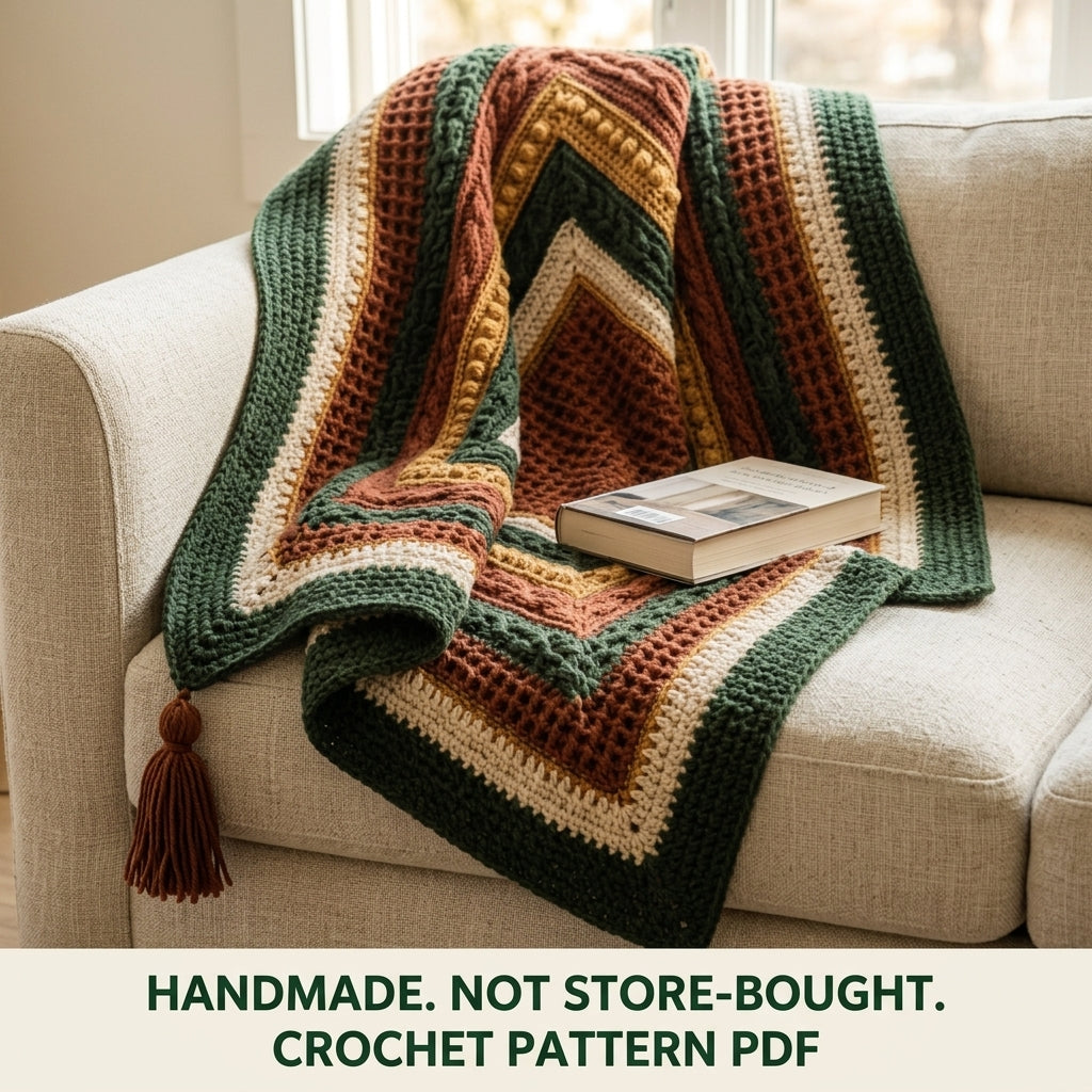 Harvest Texture Diamond Blanket Crochet Pattern PDF – Waffle, Cable and Bobble Throw with Tassels