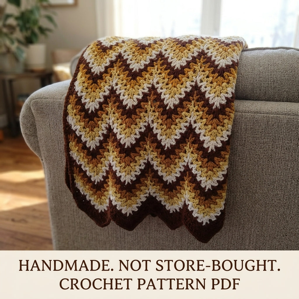 Vintage Gold Ripple Blanket Crochet Pattern PDF – Vintage Brown and Gold Afghan