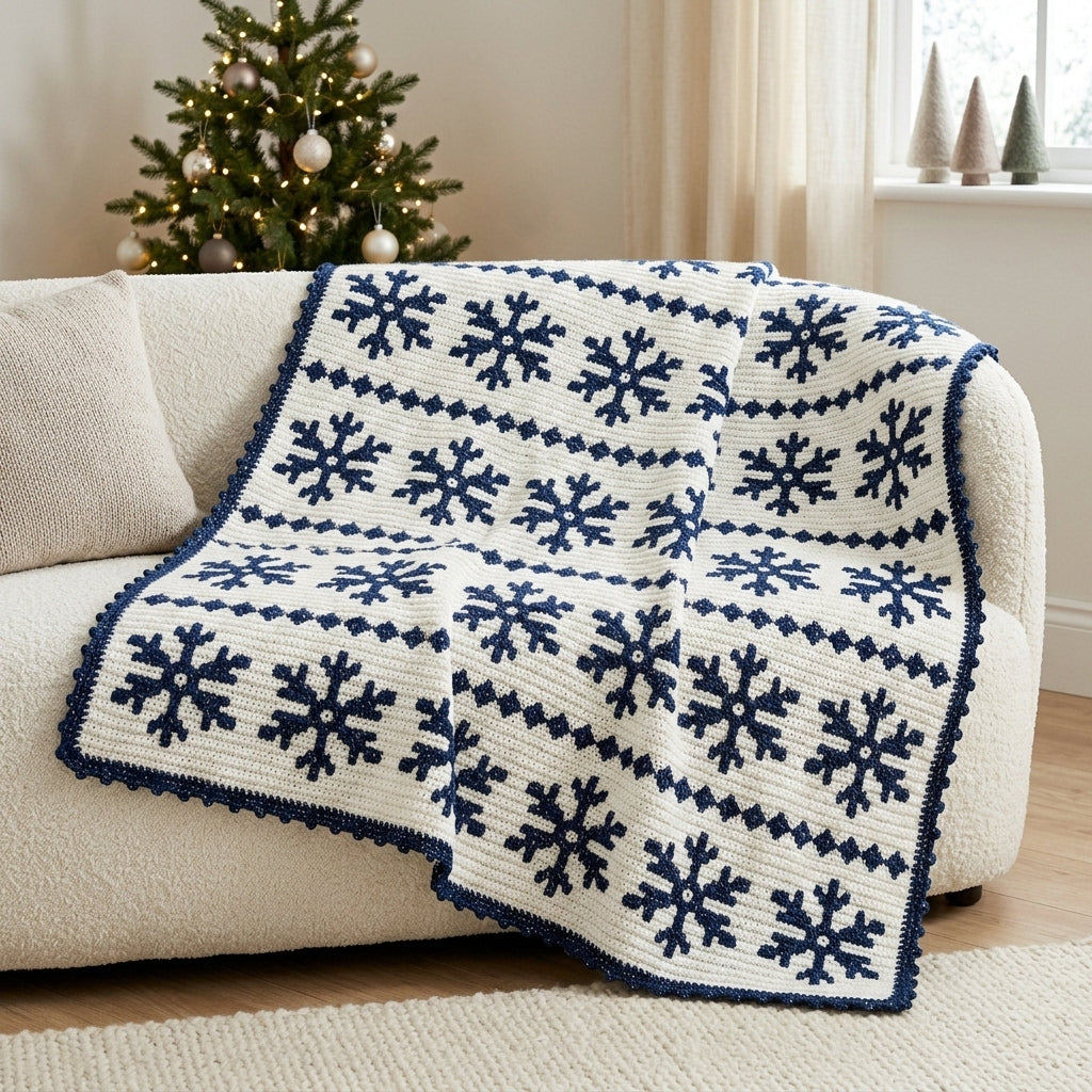 Snowflake Crochet Blanket Pattern PDF – Winter Tapestry Crochet Throw in Navy and White