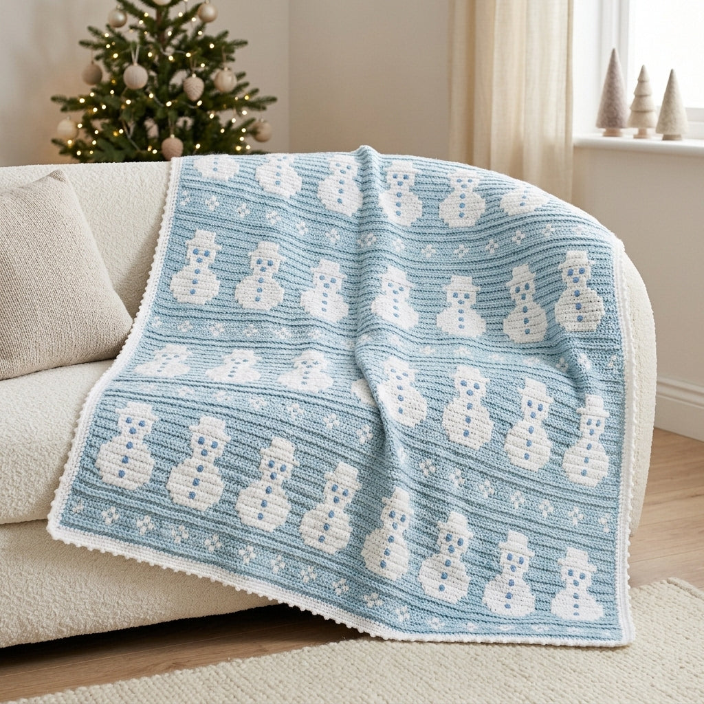 Snowman Crochet Blanket Pattern PDF – Winter Tapestry Crochet Throw in Ice Blue and White