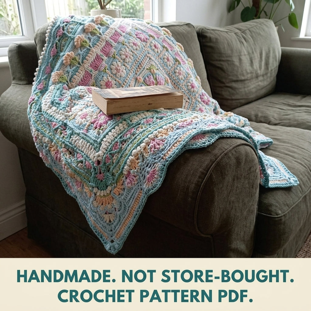 Aqua Garden Crochet Blanket Pattern PDF – Flower Medallion Square Throw with Daisies