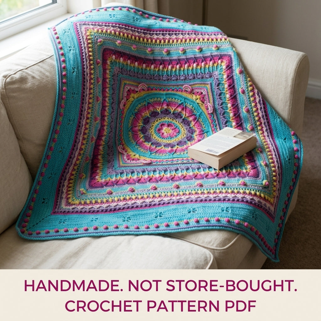 Turquoise Sunburst Mandala Blanket Crochet Pattern PDF – Bright Textured Square Throw
