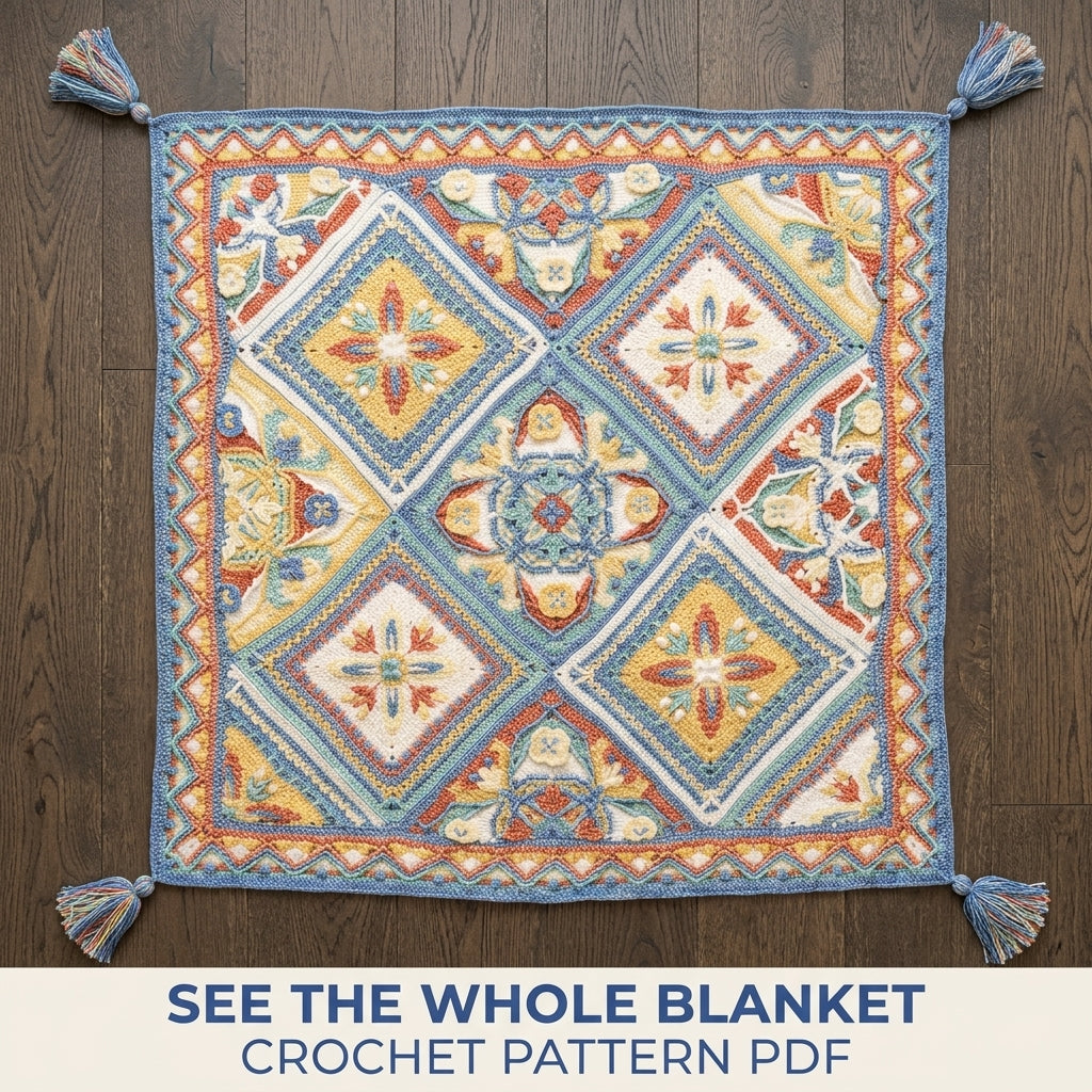 Blue Medallion Overlay Blanket Crochet Pattern PDF – Blue Medallion with Zigzag Border