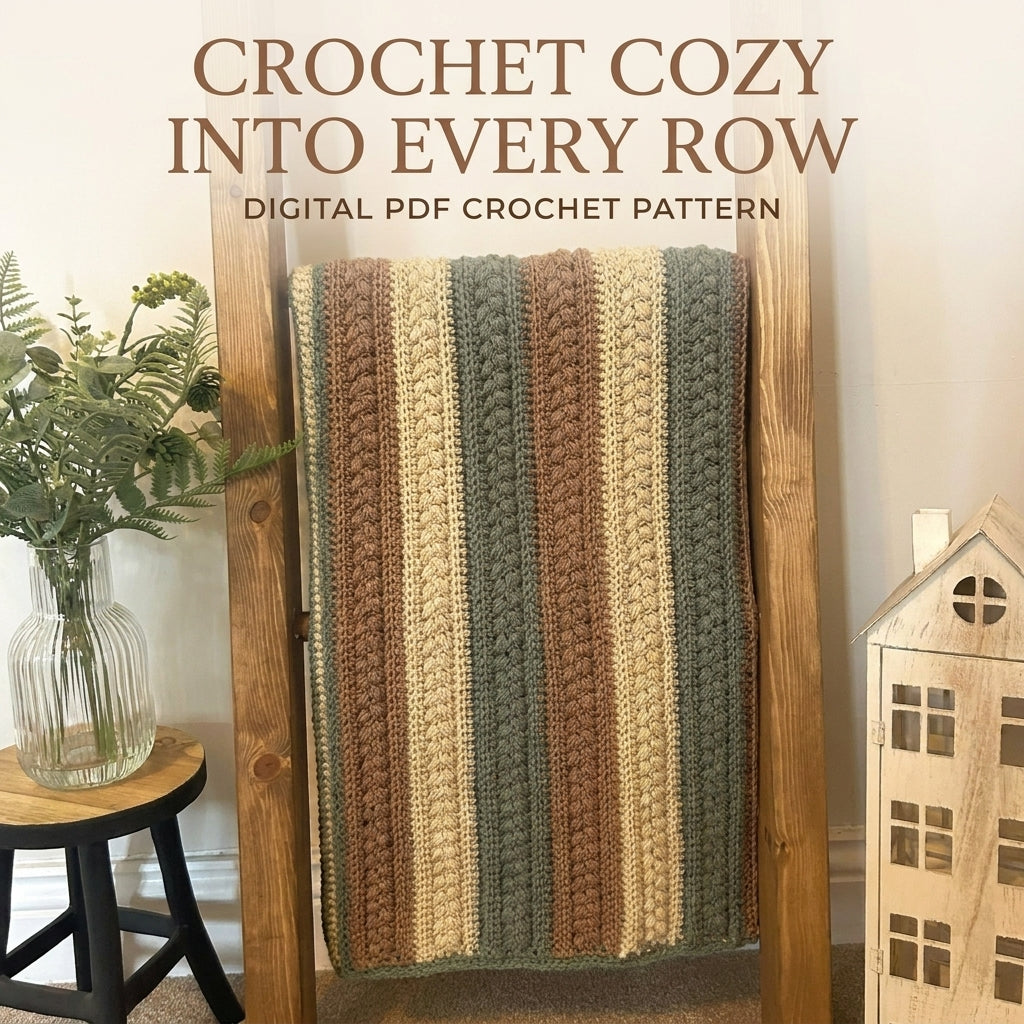 Cabled Stripe Blanket Crochet Pattern — Textured Braid Throw in Earth Tones, 4 Sizes, US Terms, PDF Download