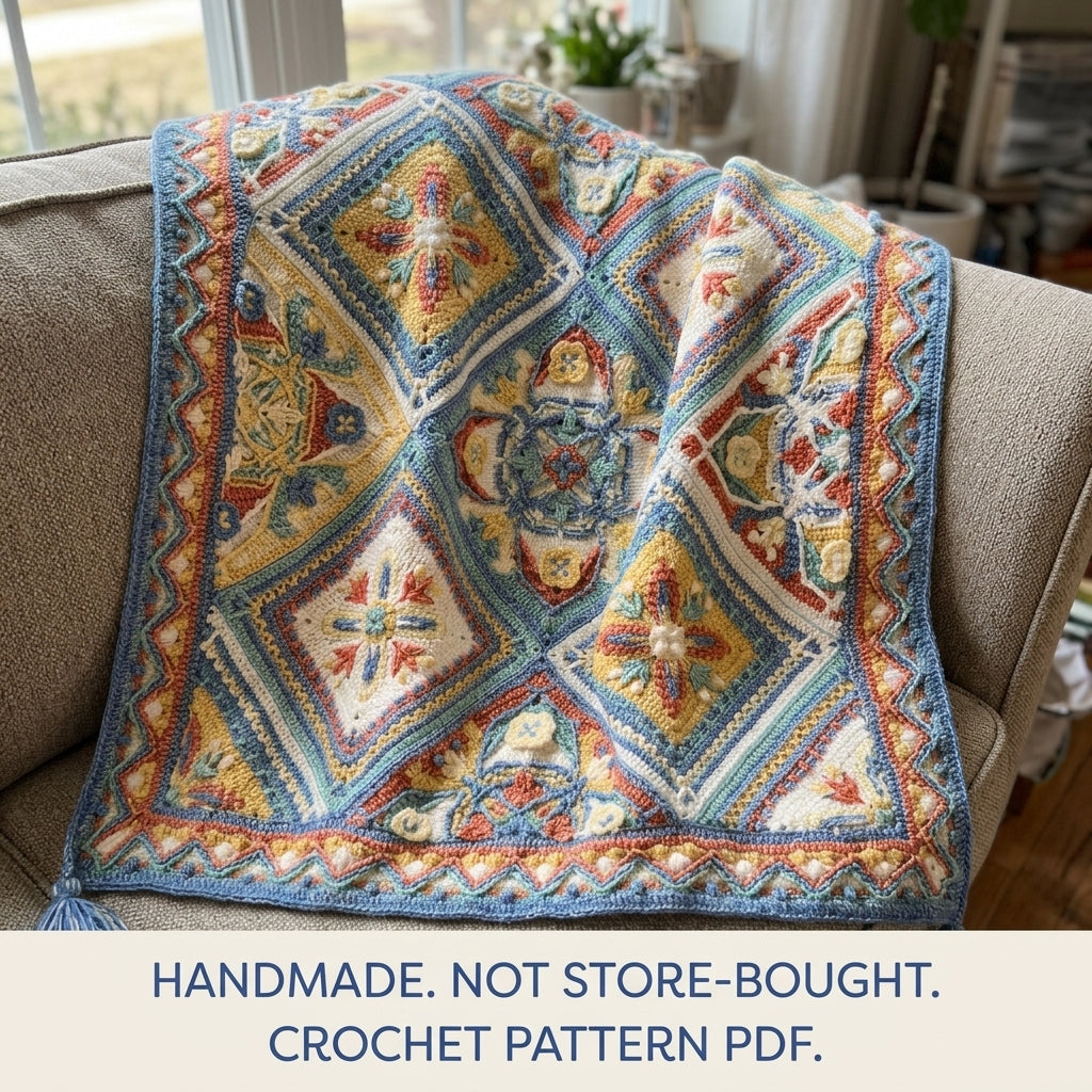 Blue Medallion Overlay Blanket Crochet Pattern PDF – Blue Medallion with Zigzag Border