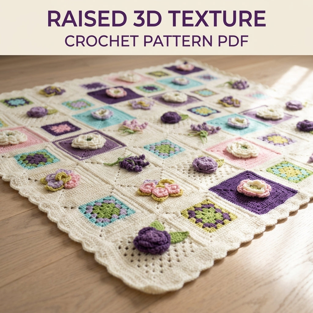 3D Flower Granny Sampler Blanket Crochet Pattern PDF – Rose and Violet Afghan