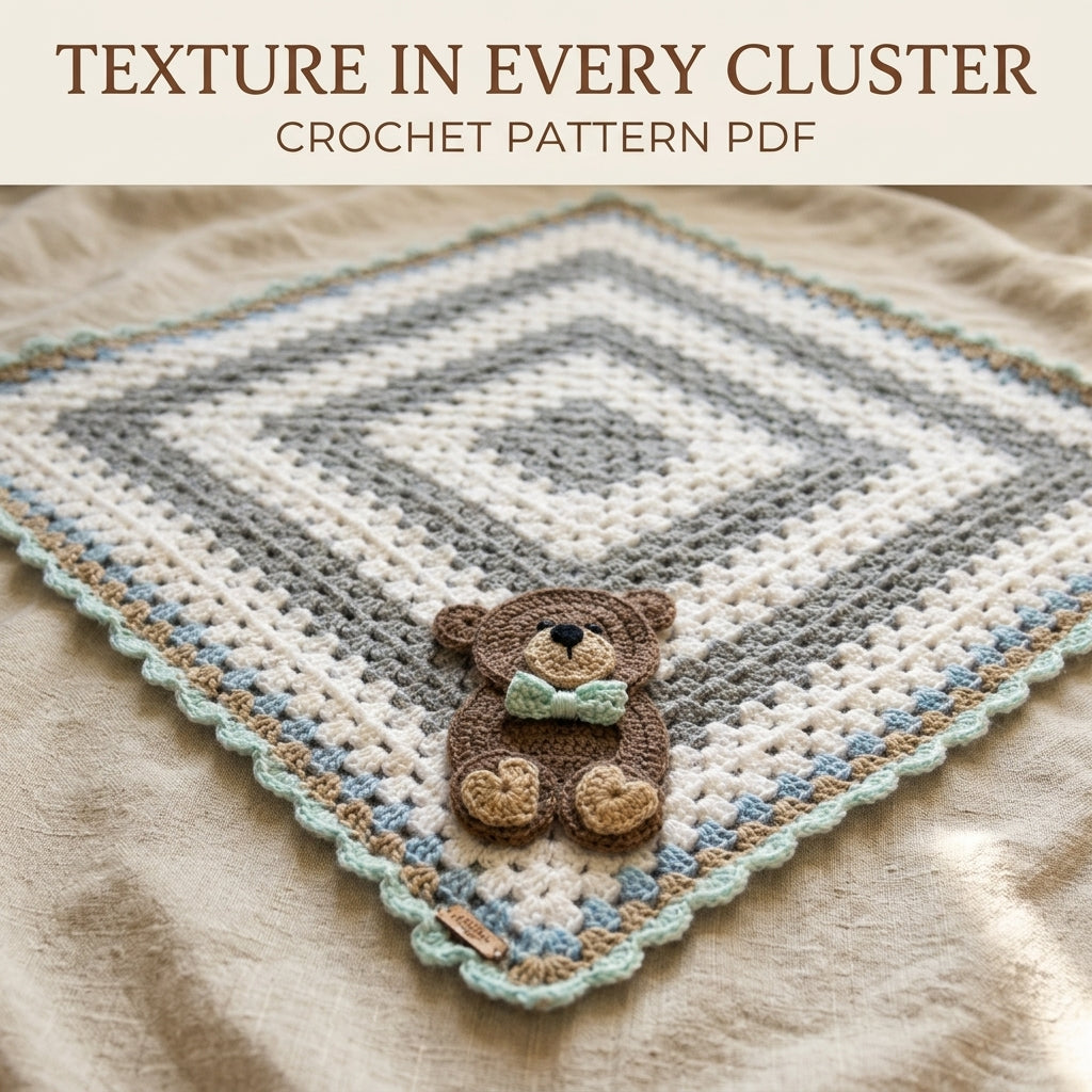 Teddy Bear Granny Baby Blanket Crochet Pattern PDF – Granny Square with Bear Appliqué