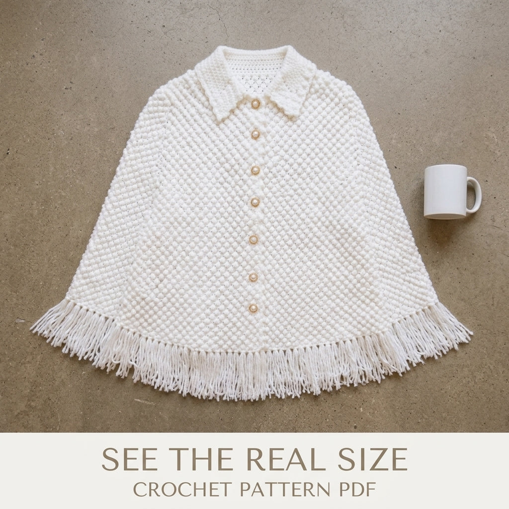 White Bobble Cape Crochet Pattern PDF – Button Front Cape with Collar and Fringe