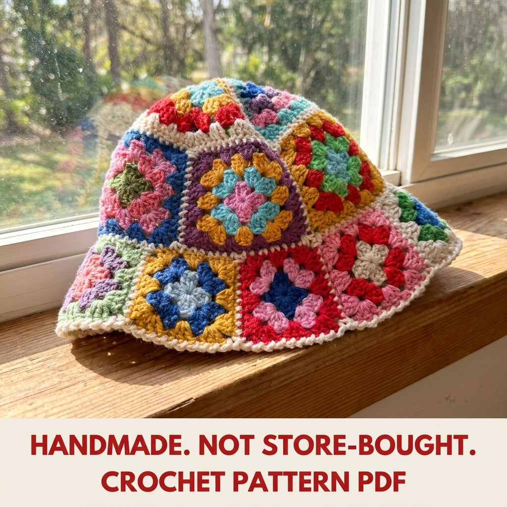 Rainbow Granny Square Bucket Hat Crochet Pattern PDF – Rainbow Stash Buster Hat