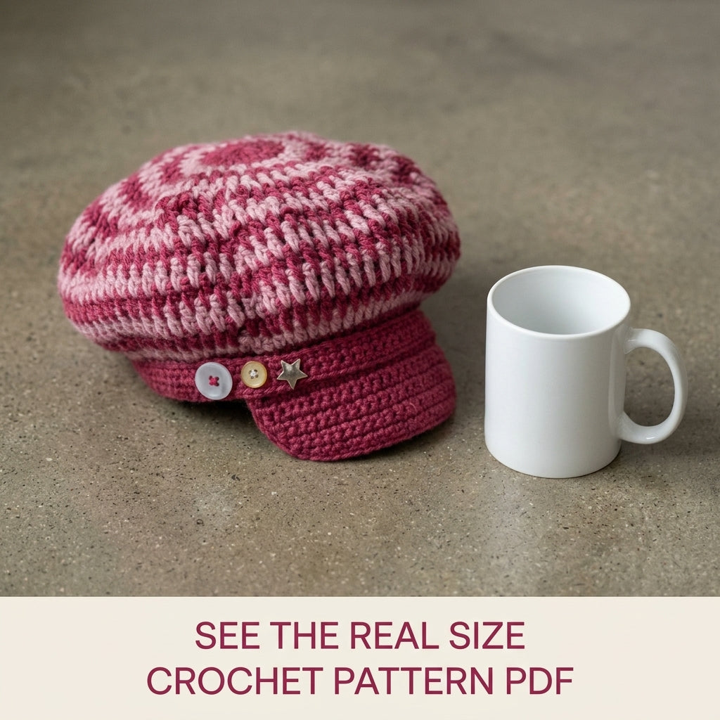 Raspberry Two-Tone Newsboy Cap Crochet Pattern PDF – Slouchy Brimmed Hat with Button Strap