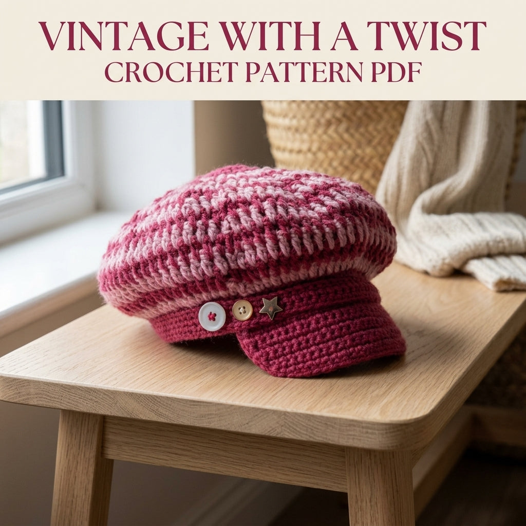 Raspberry Two-Tone Newsboy Cap Crochet Pattern PDF – Slouchy Brimmed Hat with Button Strap