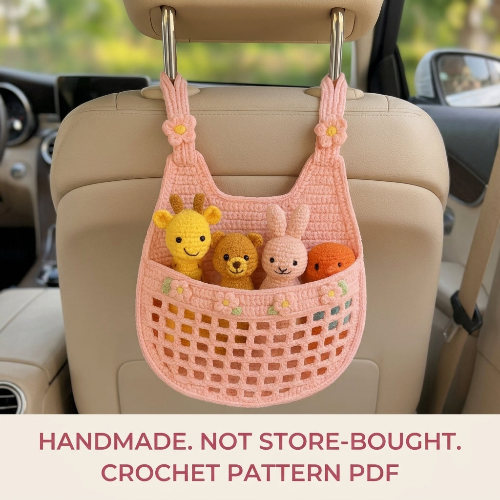 Flower Mesh Car Seat Organizer Crochet Pattern PDF – Back Seat Toy Holder