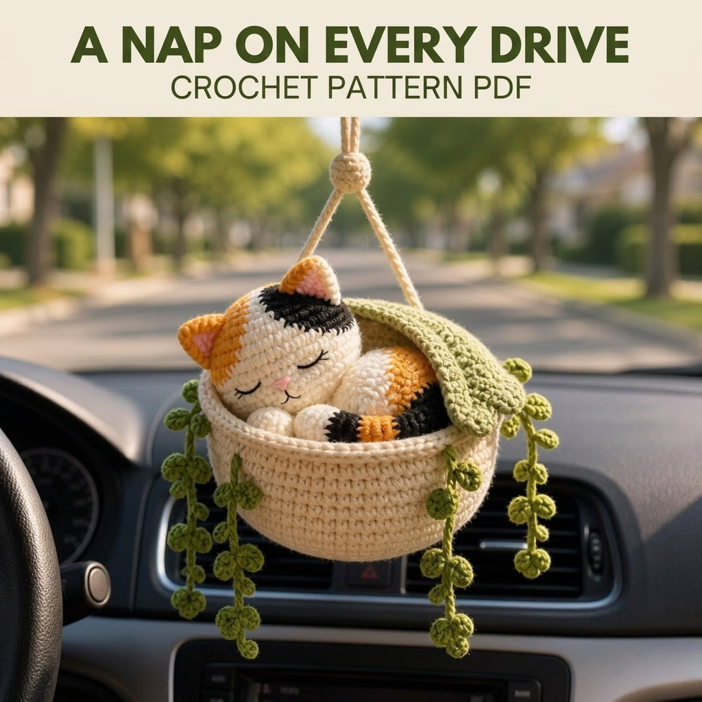 Sleeping Cat Basket Car Charm Crochet Pattern PDF – Rear View Mirror Hanging