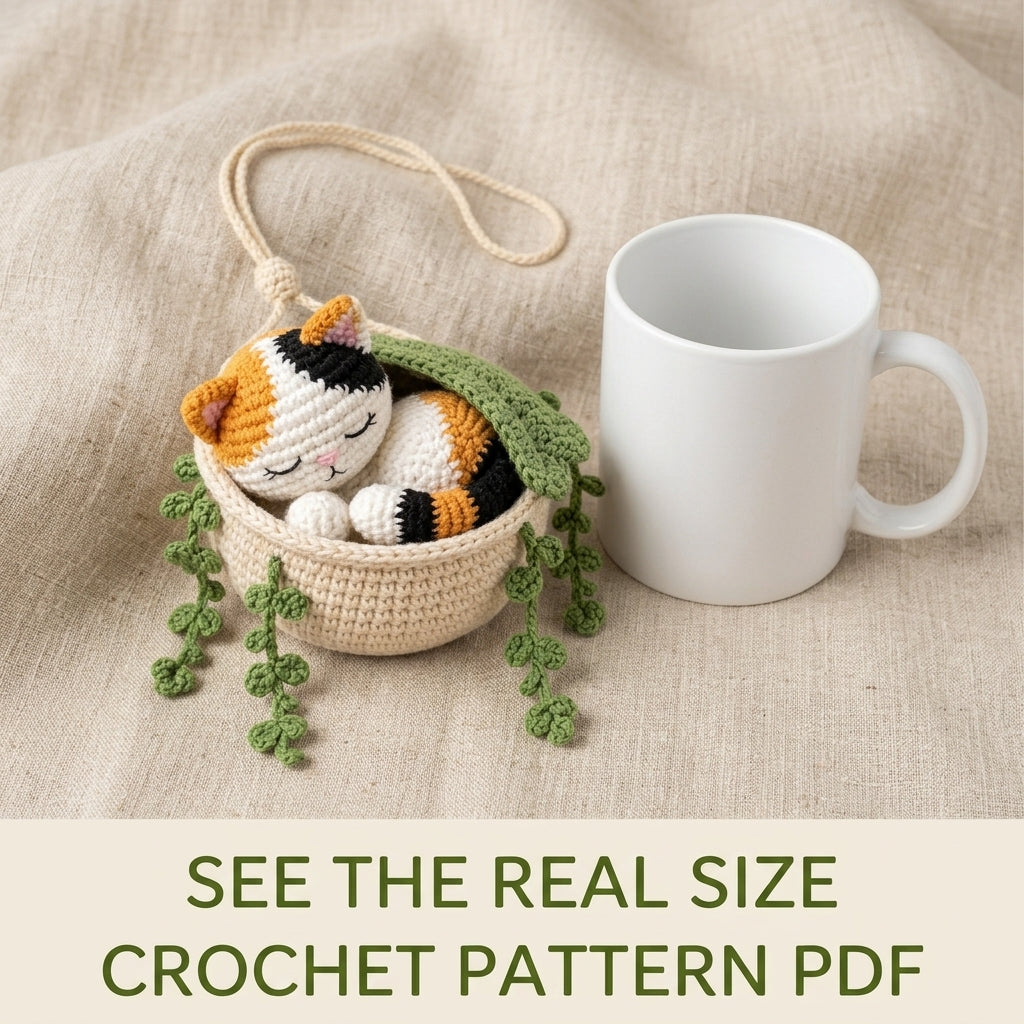 Sleeping Cat Basket Car Charm Crochet Pattern PDF – Rear View Mirror Hanging