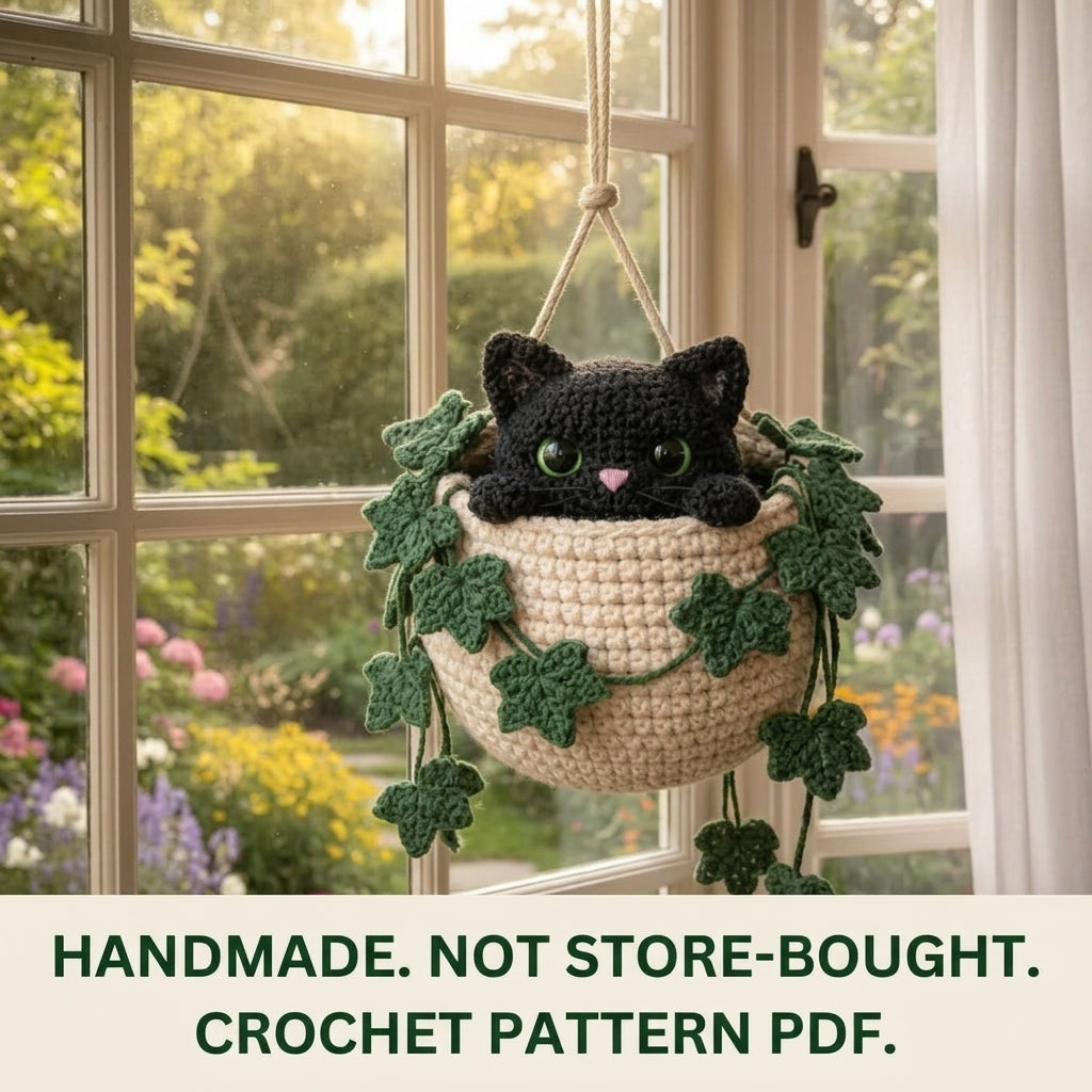 Black Cat Ivy Hanging Basket Crochet Pattern PDF – Window Decor