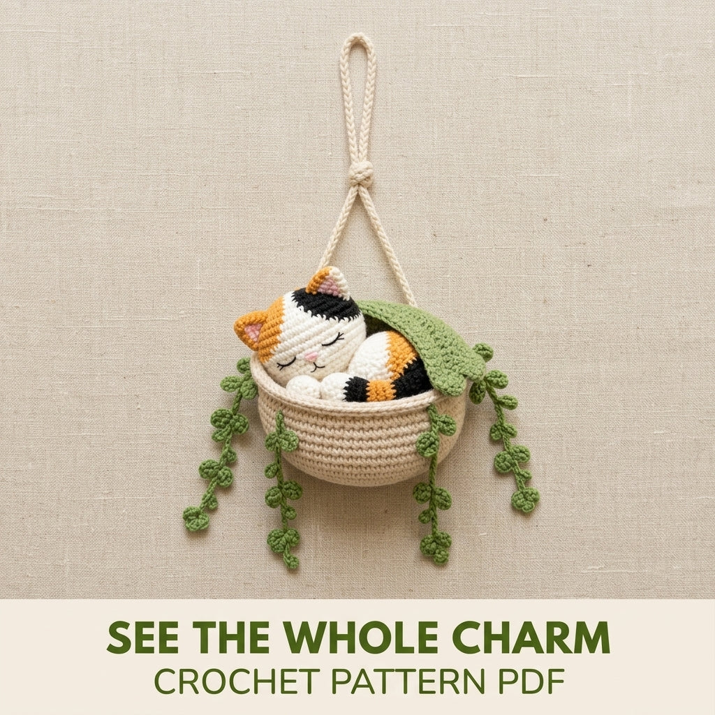 Sleeping Cat Basket Car Charm Crochet Pattern PDF – Rear View Mirror Hanging