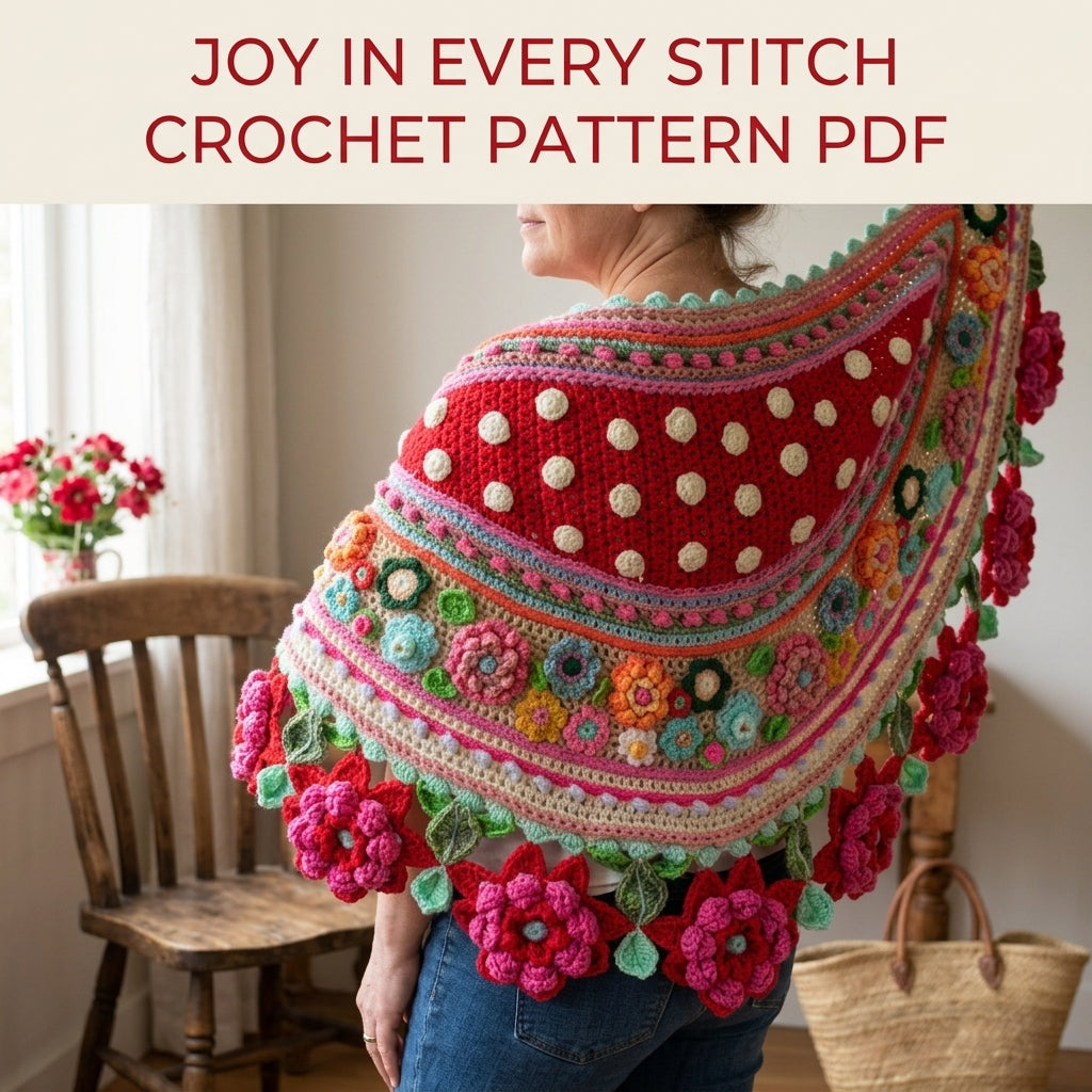 Polka Dot Rose Shawl Crochet Pattern PDF – Crescent Shawl with 3D Roses